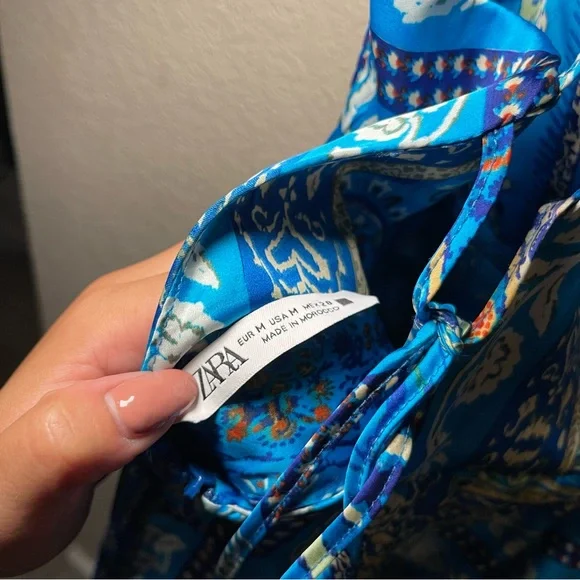 Zara | NWT! Blue Floral Paisley Satin Effect Mini Dress Size: Medium - Picture 9 of 9